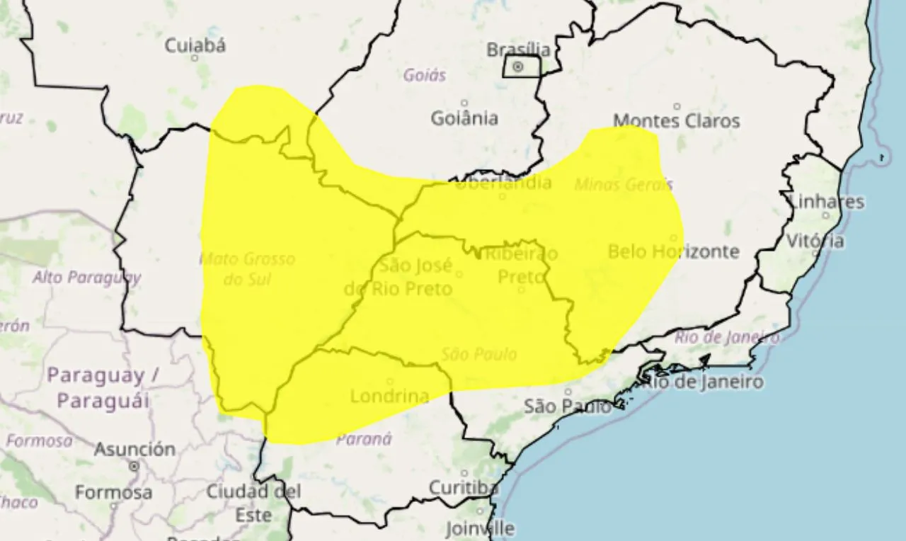 O mapa mostra as áreas em alerta para baixa umidade em partes do centro-sul